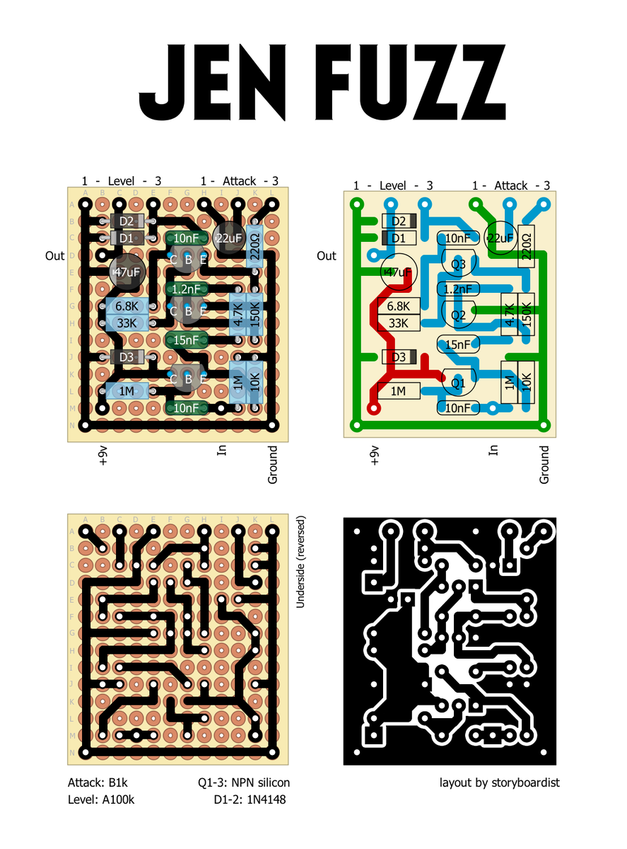 Оригинальными транзисторами были BC238B для Q1–Q2 и BC239C для Q3. В некоторых схемах, гуляющих в сети, указаны 2N5088, но лучше ориентироваться на транзисторы с коэффициентом усиления в районе 200hFE (2N2222, 2N3904 и т.п.).