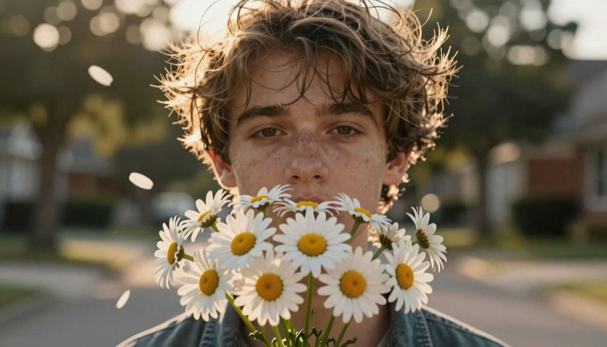 Фото сделано с помощью нейросети. Парень с глупой улыбкой держал в руке букет из ромашек, которые собрал с большой любовью.