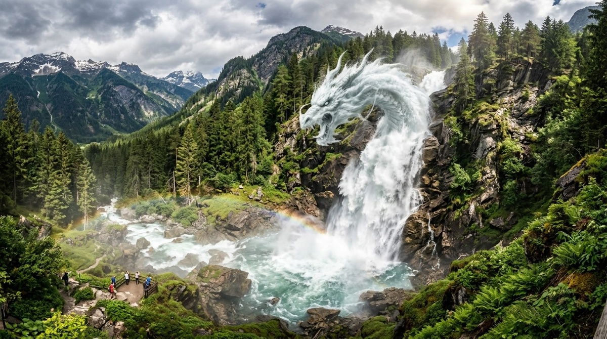 Мощный водопад в горах — динамика, сила воды Водный Дракон энергия апреля 2026