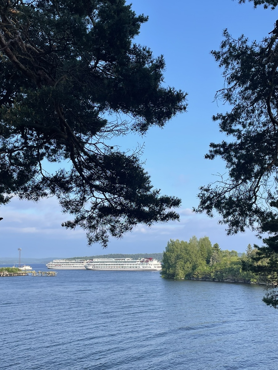 Вот такую картину мы увидели, ступив только на территорию нашего домика...Залив Ладожского озера и такие огромные теплоходы. Фотография конечно не передаст всей эпичности и масштабности.  Ладожское озеро, поселок Хийденсельга, Карелия, июль, 2025