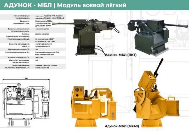 Устанавливаемый тип вооружения: пулемёт ПКТ (7.62 мм), пулемёт М240 (7.62 мм). 
Дальность обнаружения цели: видеокамера 1000 м, тепловизор 500 м, дальномер 1500 м.
Обеспечиваются захват и сопровождение цели.
Есть система стабилизации вооружения.
Масса без вооружения и боекомплекта 80 кг.
Углы перемещения: по горизонтали 360 градусов, по вертикали от -20 до +60 градусов.
Скорость перемещения: по горизонтали 60 градусов в секунду, по вертикали 40 градусов в секунду.
Рабочая температура от -40 до +60 градусов.
Ширина х Высота х Длина – 660х584х680