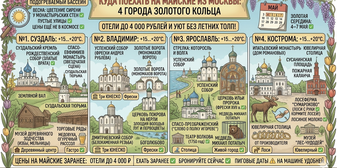 Майские на Золотом кольце: 4 города, где отели стоят до 4 000 рублей в сутки