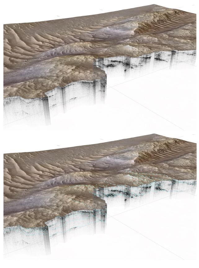 Изображение представляет собой комбинацию данных георадара и цифровой модели рельефа, построенной на основе спутниковых данных. Голубые линии показывают места, где подземные объекты совпадают с поверхностью.