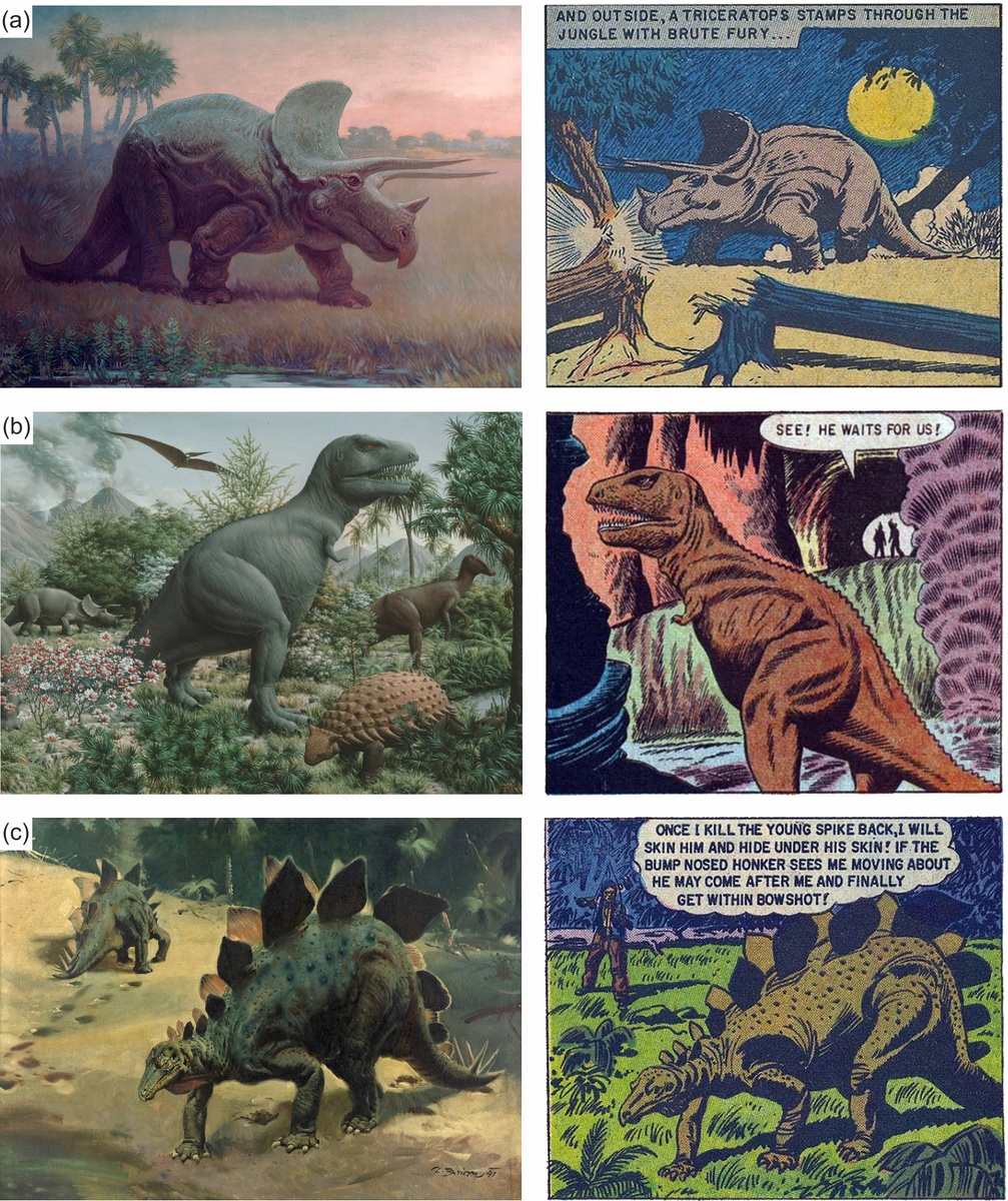 Рис. 1. Работы великих палеохудожников и их дубликаты в комиксах. (а) классический трицератопс Чарльза Р. Найта 1928 года (© Музей естественной истории им. Филда, Чикаго) и его аналог в комиксе «Турок, сын камня» № 10, декабрь-февраль 1957-1958 годов. (б) Легендарный тираннозавр Рудольфа Заллингера с фрески «Эпоха рептилий» 1947 года (© Йельский музей естественной истории имени Пибоди, Нью-Хейвен) и его аналог в «Туроке, сыне камня» № 3, март–май 1956 года. (c) Знаменитый стегозавр Зденека Буриана 1941 года (© Карлов университет, факультет естественных наук, Прага) и его аналог в «Туроке, сыне камня» № 16, июнь–август 1959 года (Turok, Son of Stone™ & © Penguin Random House, Inc. По лицензии Classic Media, LLC). Все права защищены.