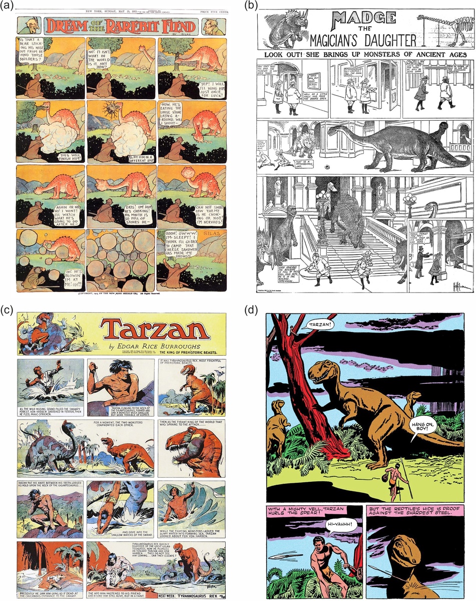 Рис. 2. Приключенческие истории 1. (а) Динозавр, похожий на завропода, в комиксе Виндзора Маккея «Сон о греночном дьяволе», 25 мая 1913 года, в котором показано поведение Герти из анимационного фильма Маккея «Динозавр Герти» 1914 года (общественное достояние). (b) Ожившие найтовские динозавры в комиксе Уильяма О. Уилсона «Мэдж, дочь волшебника» в 1907 году (общественное достояние). (c) Столкновение Тарзана с ярким найтовским тираннозавром из комикса Гарольда Фостера «Тарзан Эдгара Райса Берроуза», 23 октября 1932 года (© 1932, 2022 Edgar Rice Burroughs, Inc. Торговые марки Тарзан®, Эдгар Райс Берроуз® принадлежат компании Edgar Rice Burroughs, Inc. и использованы с разрешения). (d) Несколько вдохновленных Ч. Найтом хищных динозавров в комиксе Джесси Марша «Тарзан» № 16, июль–Август 1950 (© 1950, 2017, 2022 Эдгар Райс Берроуз, Инк. Тарзан®, Эдгар Райс Берроуз® Права принадлежат компании Edgar Rice Burroughs, Inc., использовано с разрешения.). Все права защищены.