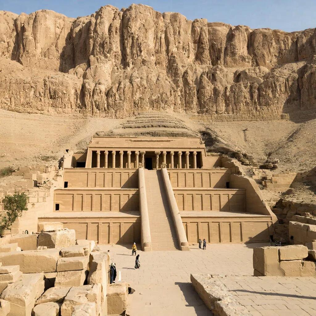 Храм Хатшепсут в Дейр-эль-Бахри. Три террасы, колоннады, вписанные в скалы. Один из самых грандиозных памятников её правления.