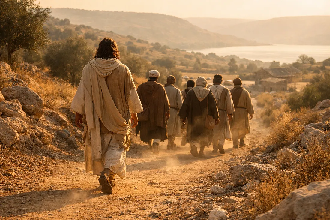 Иисус и его ученики идут по пыльной дороге в Галилее, что отражает древнюю иудейскую идею о том, что ученики учатся, внимательно наблюдая за своим раввином.
