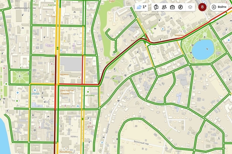    Движение затруднено на Пушкина и далее на улице Кузнечный взвоз. Фото: Скриншот сервиса 2gis