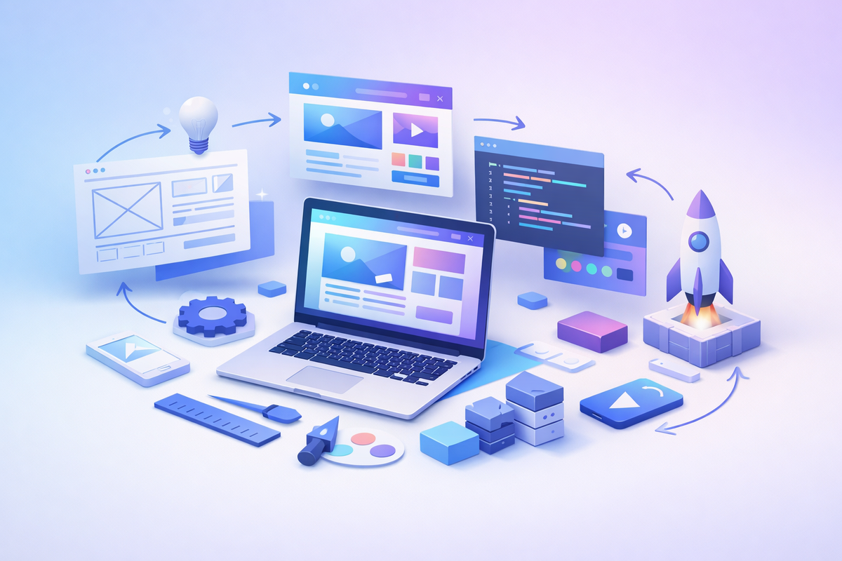 Иллюстрация этапов разработки сайта от идеи до запуска с интерфейсами и элементами дизайна.