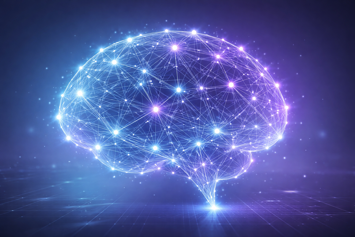 Визуализация нейросети в виде светящихся связей в форме мозга — что такое нейросеть простыми словами.