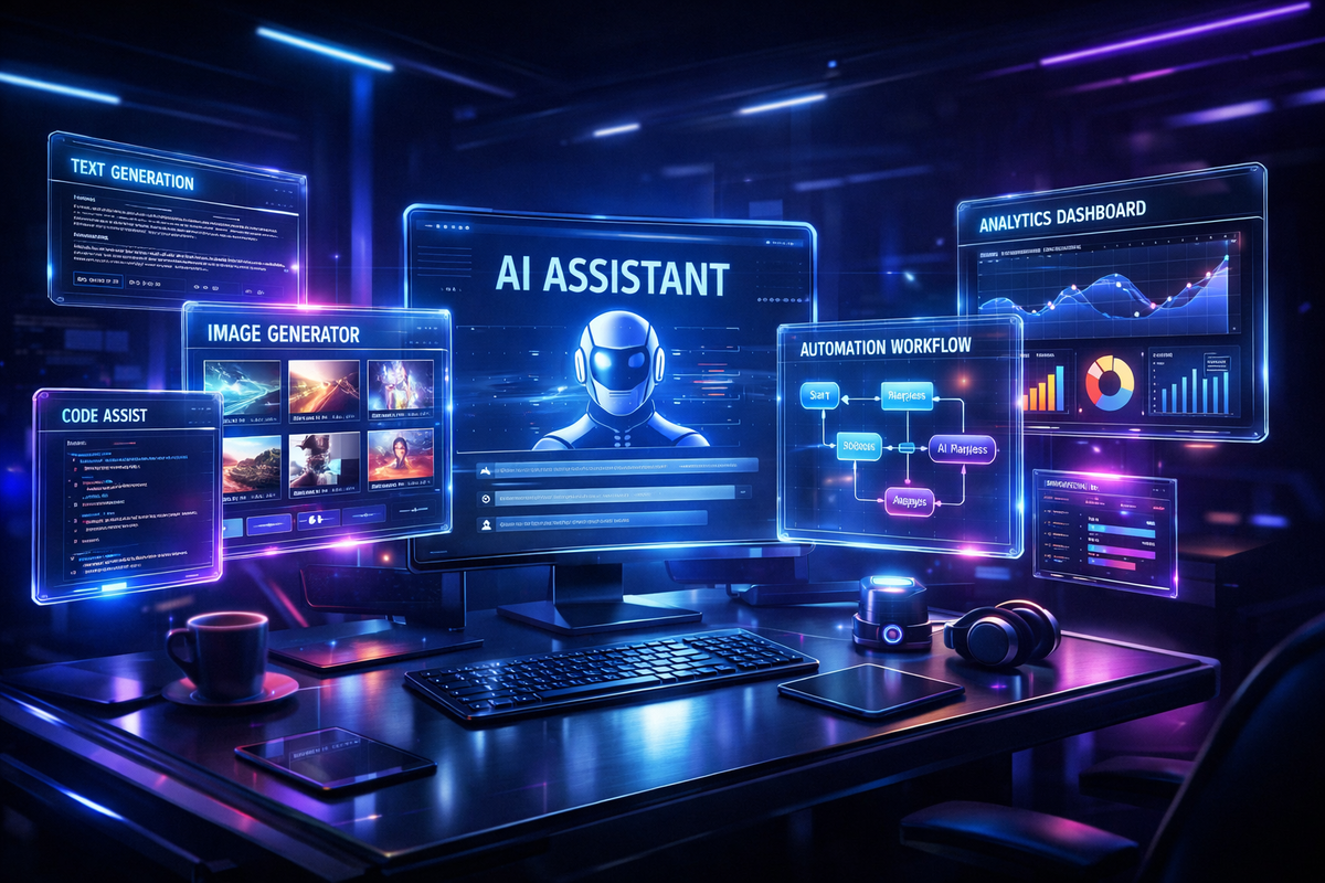 Лучшие нейросети 2026 в виде цифровых инструментов вокруг рабочего пространства, символ автоматизации работы.