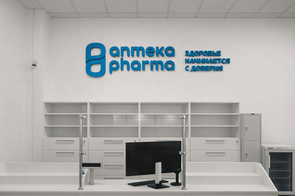 Вывеска для аптеки внутри: логотип на стене