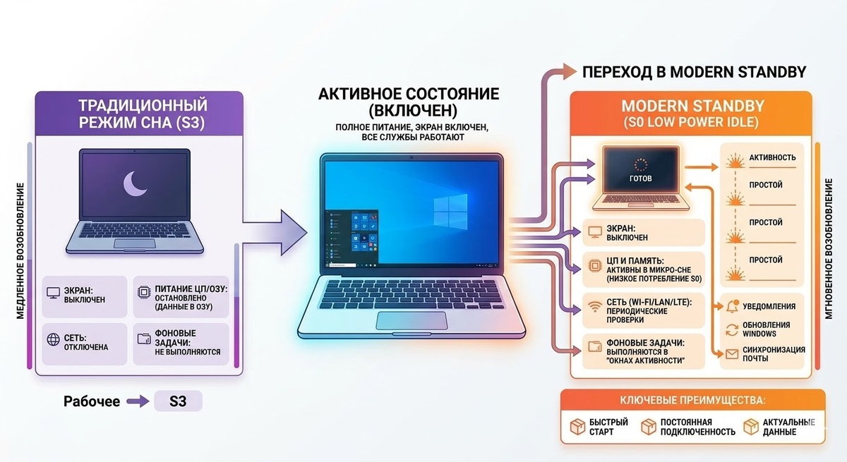 Схематичное изображение работы системы Modern Standby