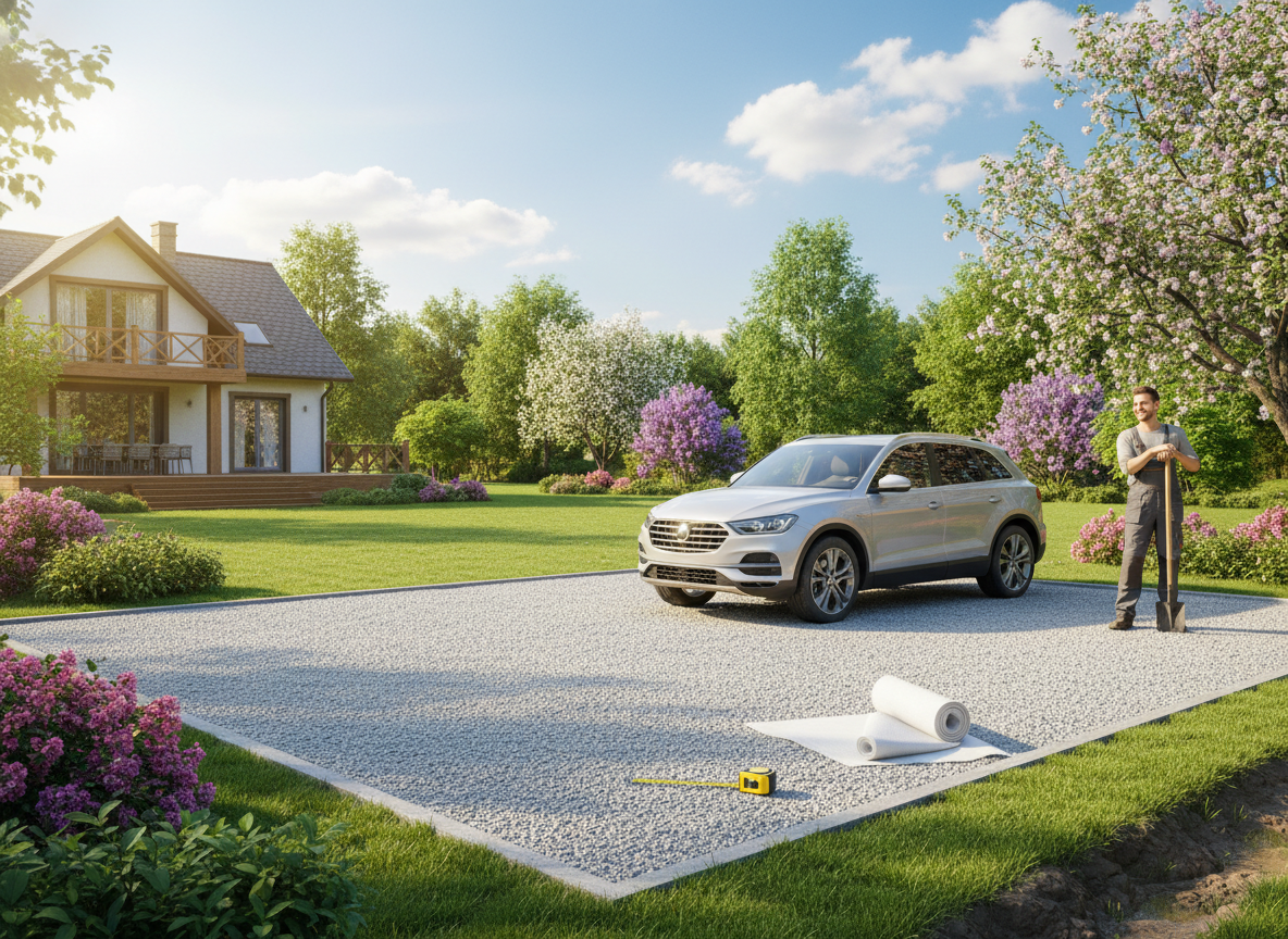 Вот она, парковка мечты: машина стоит, не буксует, вода уходит, колёса чистые. Секрет прост: геотекстиль, песок, щебень, уклон. И ни капли грязи.