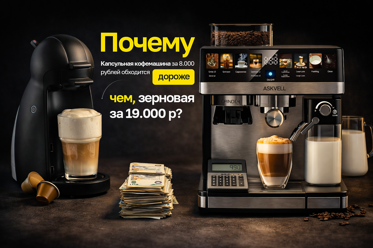 Капсульная кофемашина кажется дешевле, но из-за стоимости капсул переплата за год может превысить цену самой техники. Зерновая — выгоднее в долгую.