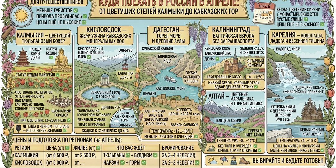 Куда поехать в России в апреле: от цветущих степей Калмыкии до Кавказских гор