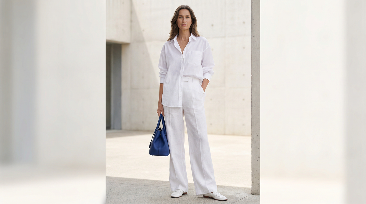 Лён и хлопок в одном белом образе — контраст фактур даёт глубину без цвета, лето 2026