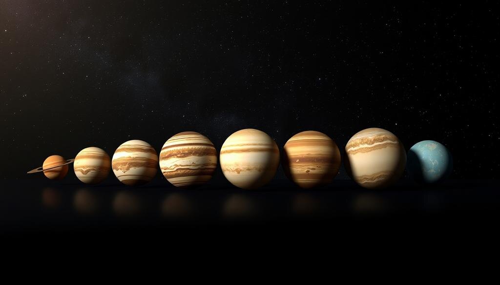    Изображение восьми планет Солнечной системы, расположенных от самой маленькой к самой большой на фоне звёздного неба.