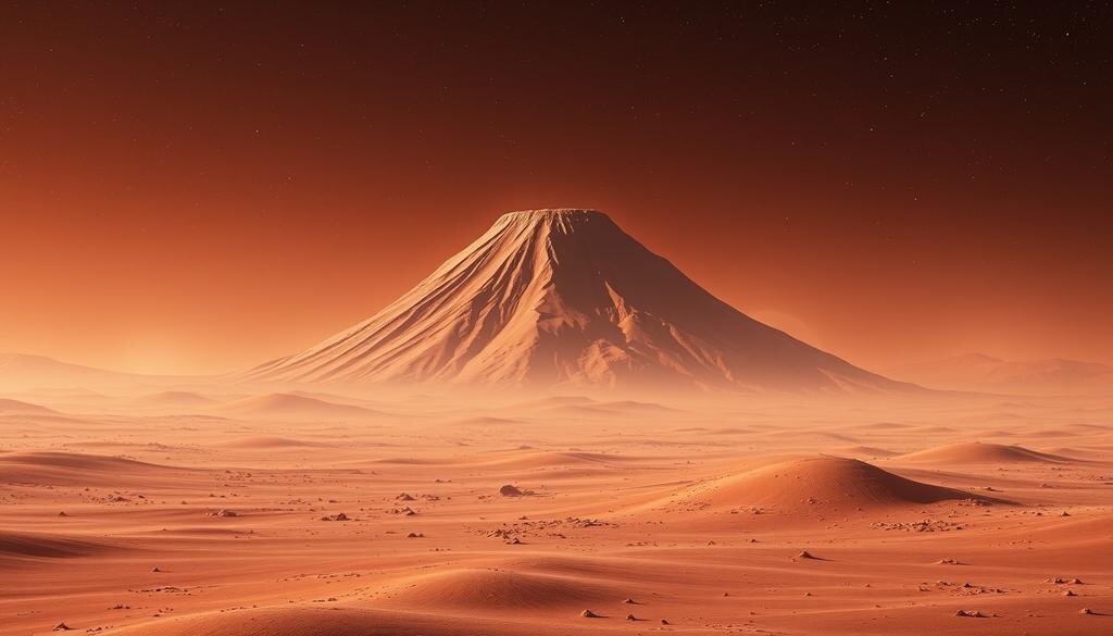    Художественное изображение Красной планеты — Марса с его вулканом Олимп на холодном и пыльном фоне.