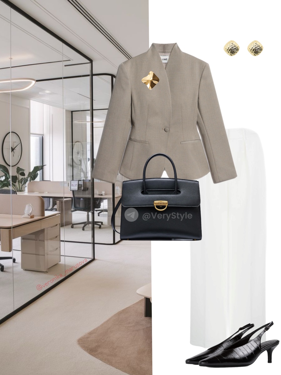 Сумка жесткой формы и туфли из фактурной кожи прекрасно дополняют образ. Босс носа не подточит!