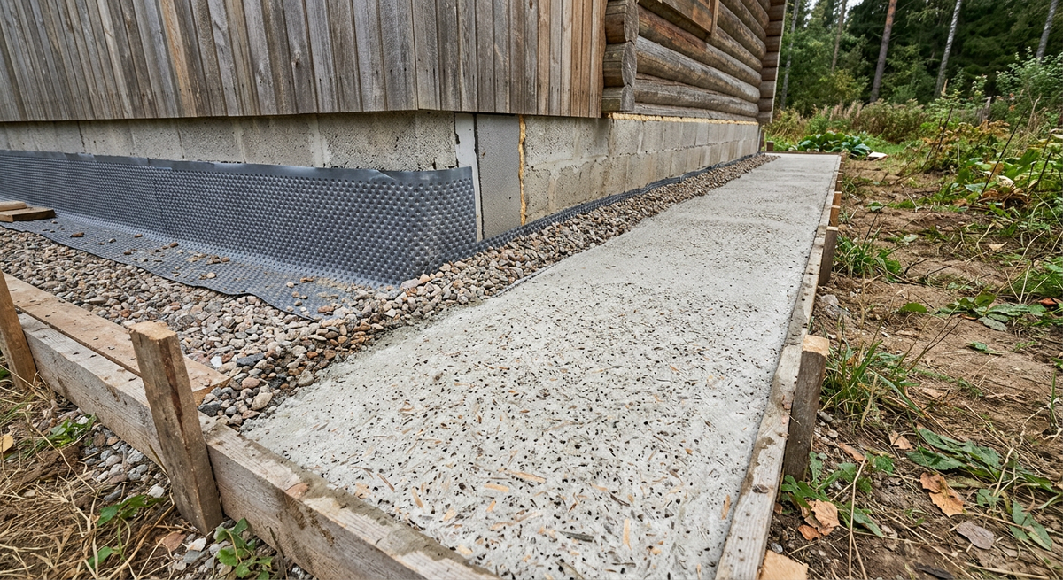 Правильная отмостка из опилкобетона вокруг загородного дома