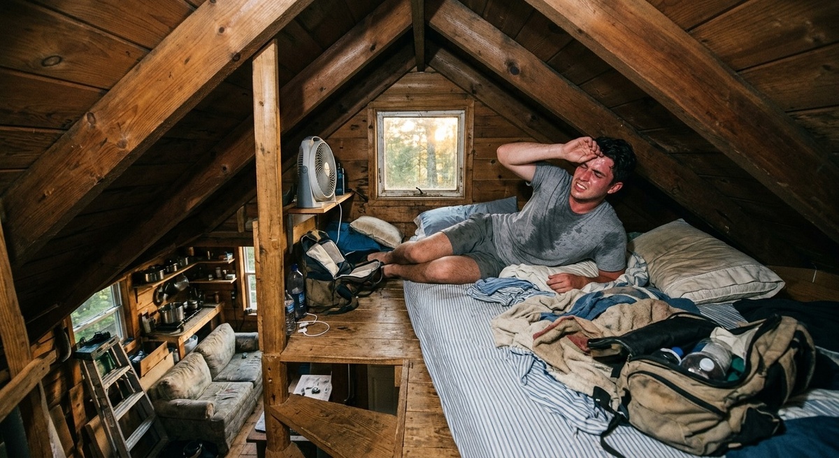 Человек на антресоли в маленьком доме страдает от духоты и низкого потолка