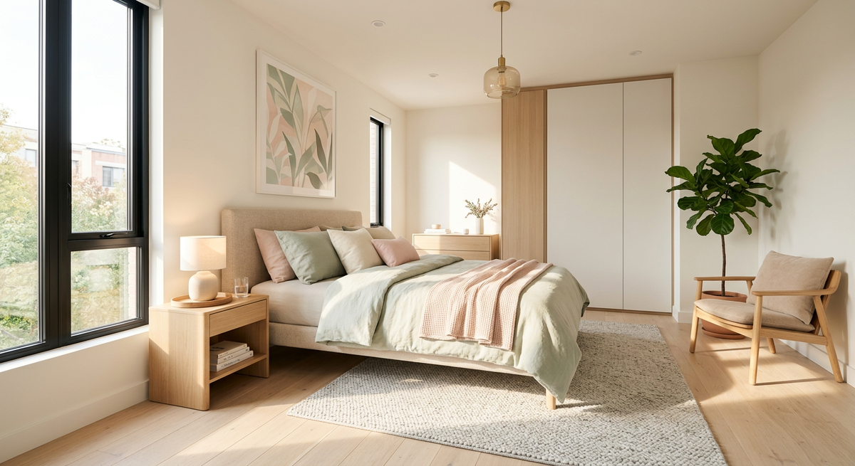 Современный дизайн спальни в пастельных тонах