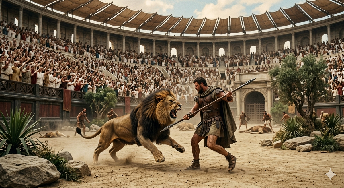 Охота на льва в Римском цирке. Изображение сгенерировано ИИ.