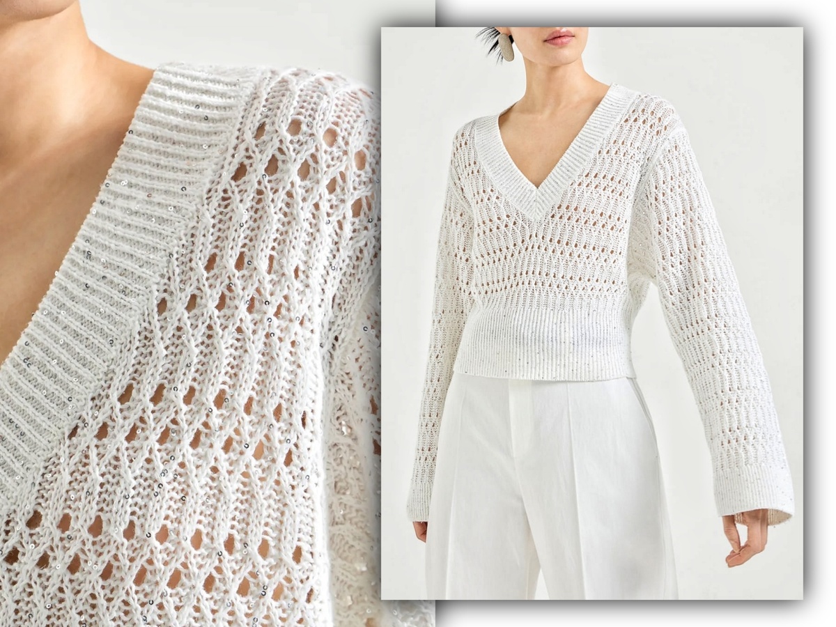 Ажурный джемпер от Кучинелли из льна с микропайетками