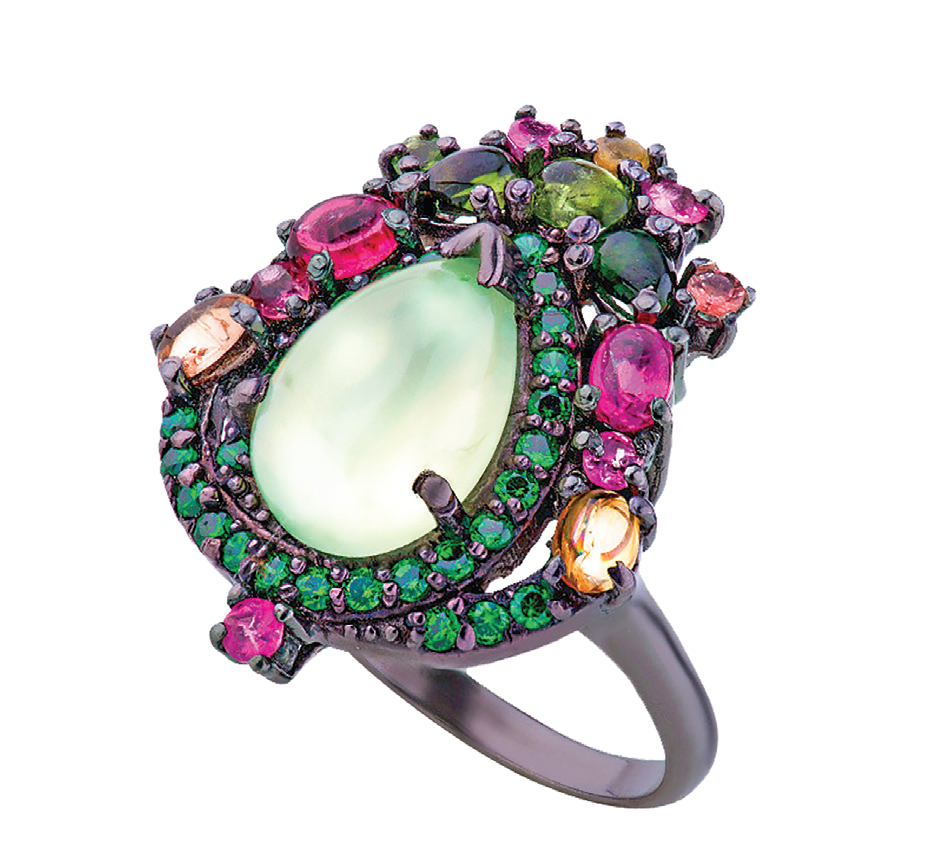 Кольцо с камнями пренит, турмалин, гранат,