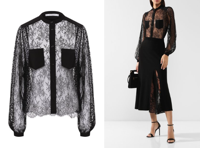Блуза бренда Givenchy из полупрозрачного кружева шантильи и тонкого тюля. Источник изображения: https://www.tsum.ru/product/5429448-kruzhevnaya-bluzka-givenchy-chernyi/