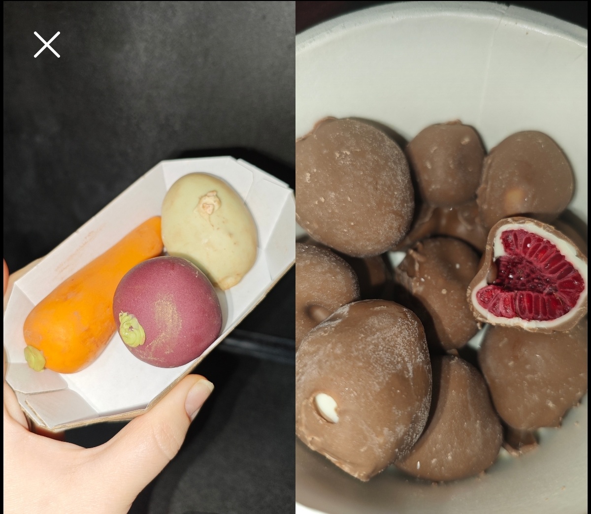 Слева пирожные картошка, в виде овощей