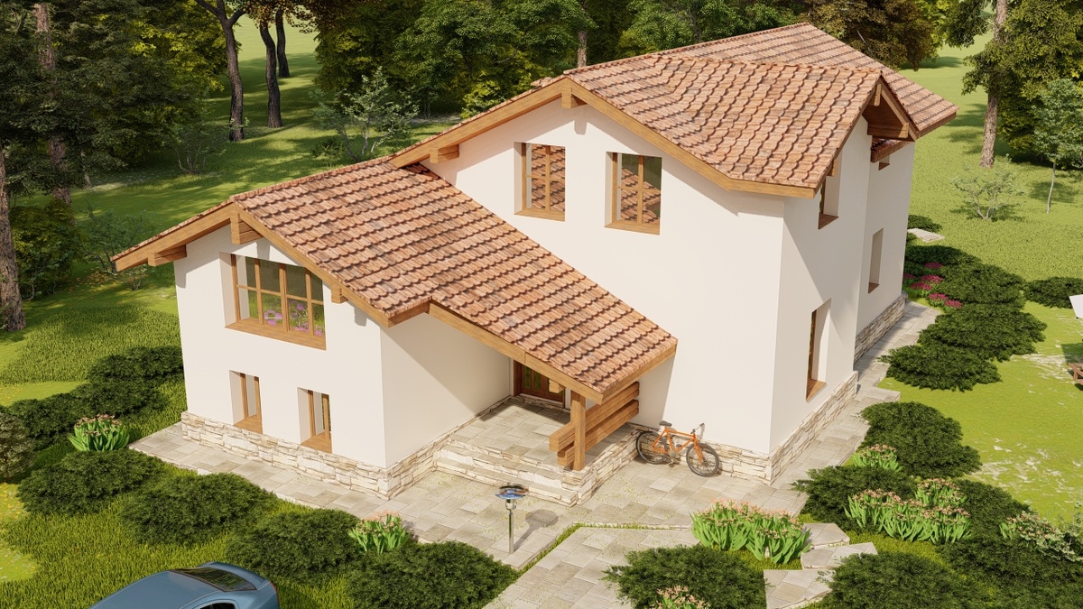 Индивидуальность дому придают массивные деревянные детали кровли и крылец, а также необычный силуэт кровли. 