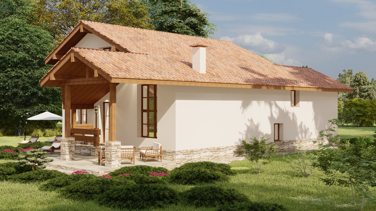 Индивидуальность дому придают массивные деревянные детали кровли и крылец, а также необычный силуэт кровли. 