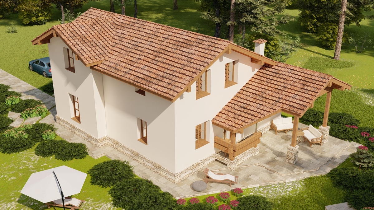 Индивидуальность дому придают массивные деревянные детали кровли и крылец, а также необычный силуэт кровли. 