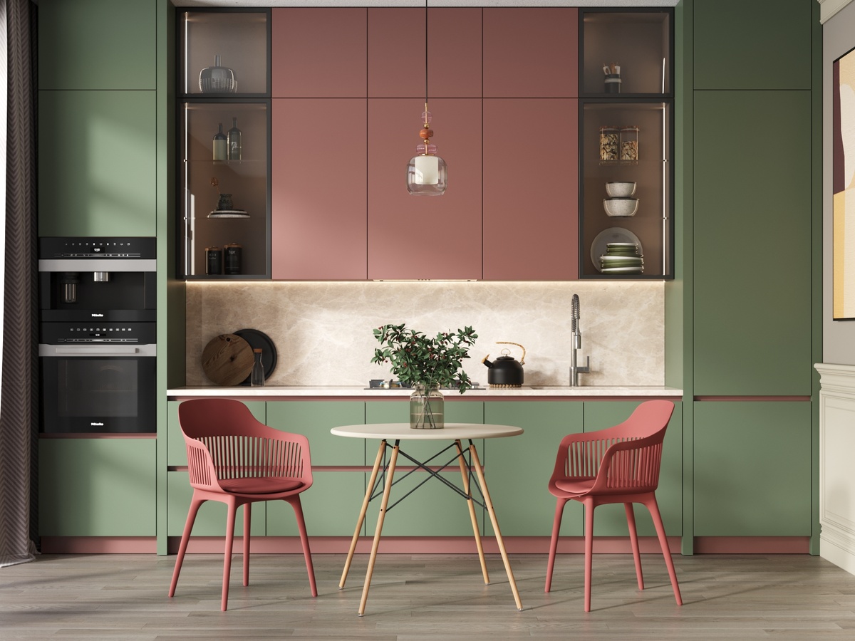 Стул Crocus бордовый, Стол Eames DSW NEW D80 бежевый, Светильник Moderli V11239-1P Tilston