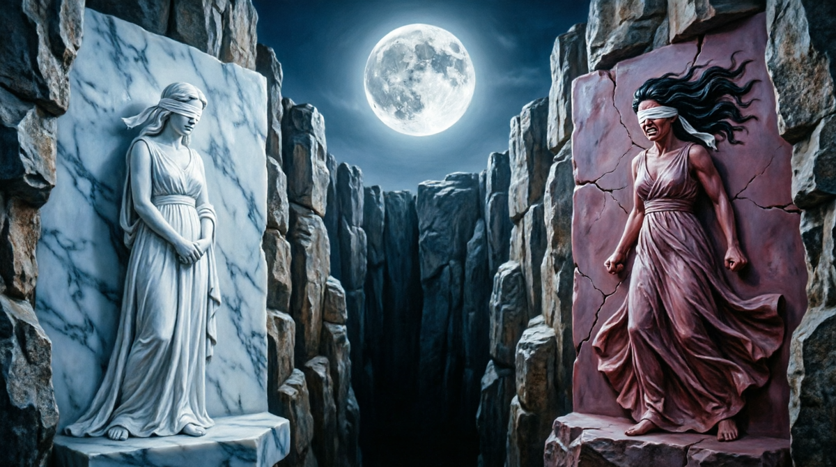 Пропасть двух крайностей. Метафизика: две отвесные стены из полупрозрачного камня — две крайности, между которыми зажата душа. Покорность и ярость, слепые, с завязанными глазами. Пустота в центре — это отсутствие себя. Нет моста. Нет выхода. Есть только вечное падение между двумя скалами.