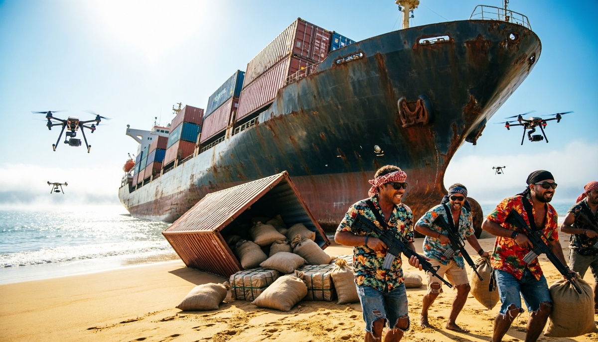 Пираты XXI века с добычей. Аллегория. ИИ. 2026 год