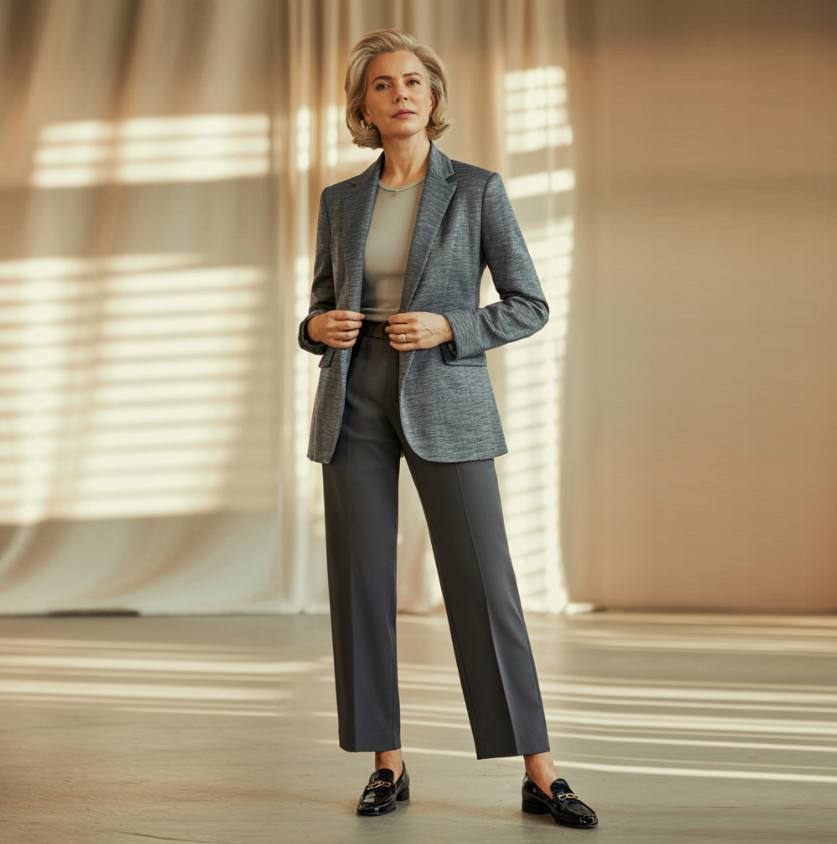 Прямой жакет весна 2026 — свободный крой, длина ниже бедра, серый меланж или тёплый бежевый