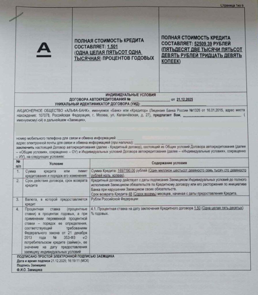 Кредитный договор в АО "Альфа-банк"
