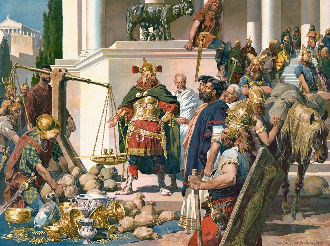     Антон Гофман. Северные варвары договариваются с римлянами о золоте, серебре и монетах. 1910