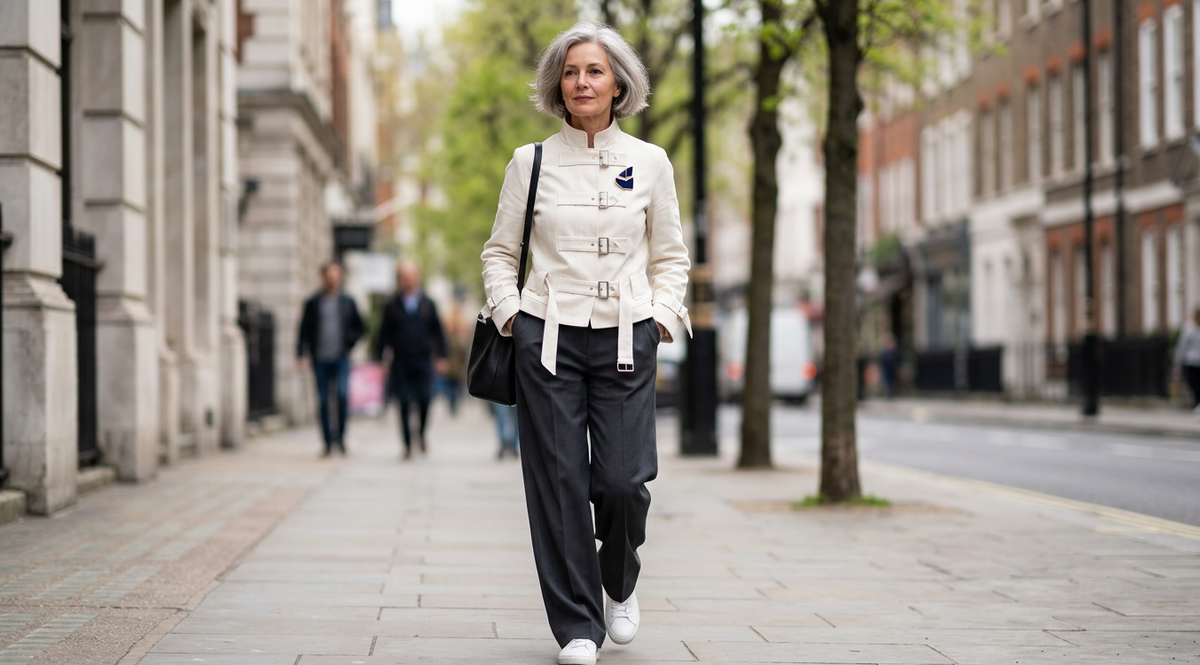 Брошь весна 2026 — лаконичная металлическая, на лацкане прямого жакета или пальто