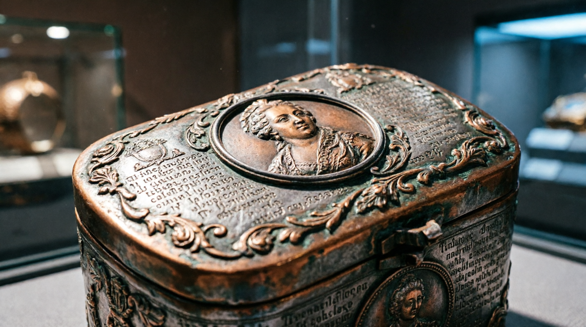 Золотая табакерка с портретом Екатерины II. Подарок от дворянства 1796 года. Через пять лет станет орудием убийства. Где оригинал — неизвестно до сих пор. Визуализация.