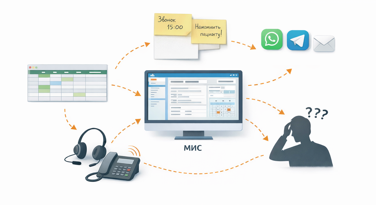 До внедрения данные и коммуникации были разрознены: часть — в МИС, часть — в таблицах, часть — в мессенджерах и памяти сотрудников.