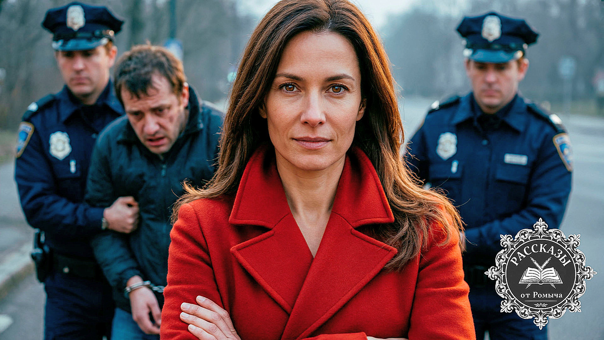 Женщина с карими глазами и темно-русыми волосами, одета в ярко-красное кашемировое пальто. Она стоит в центре комнаты, сложив руки на груди, с выражением холодного торжества и спокойствия. На заднем плане, в расфокусе и тусклых серых тонах, двое полицейских выводят мужчину в наручниках. Мужчина выглядит сломленным и шокированным.