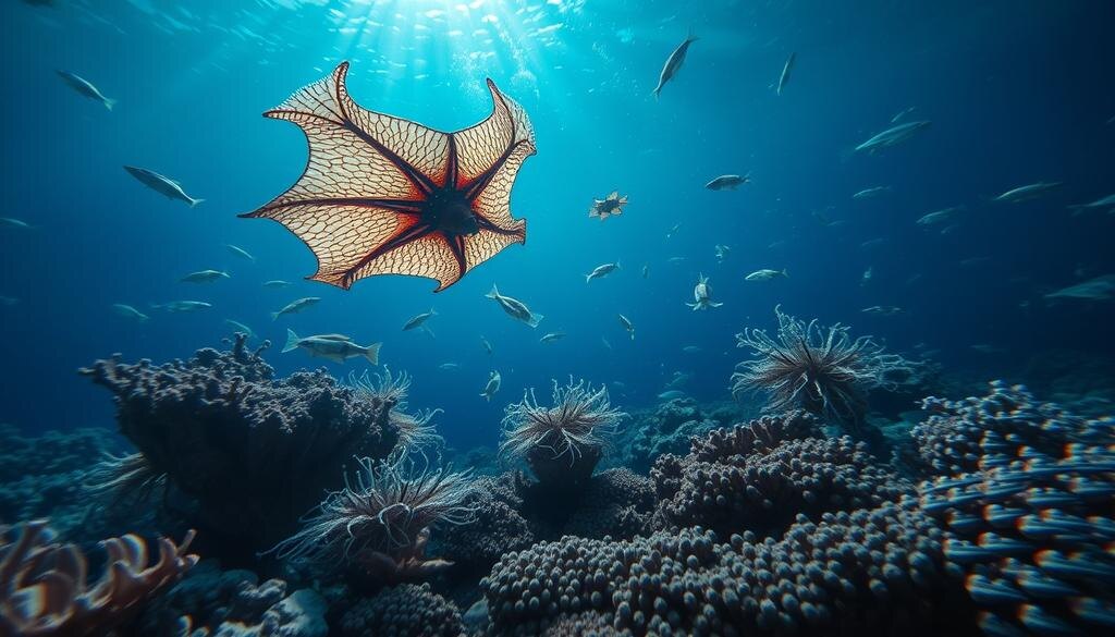    Завораживающий подводный вид с разнообразными загадочными морскими существами, мягко освещенными окружающим светом.