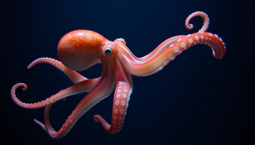    Осьминог Дамбо, который грациозно плавает в глубоком океане с ушоподобными плавниками.