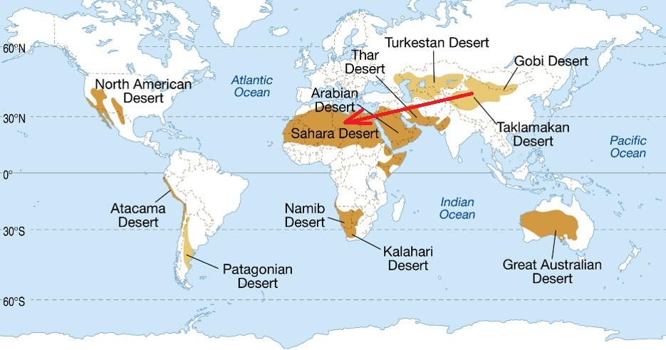 Странно: гигантская цепь пустынь ориентирована не вдоль экватора, как следовало бы ожидать, а под углом к нему (карта: storymaps.arcgis.com)