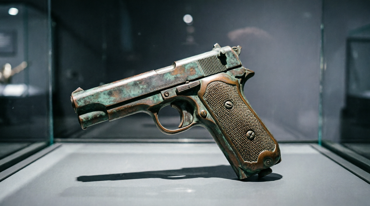 Browning 1910, калибр 9мм. Один из четырёх пистолетов, переданных заговорщикам. После убийства изъят полицией. Сейчас хранится в Военно-историческом музее Вены. Визуализация.