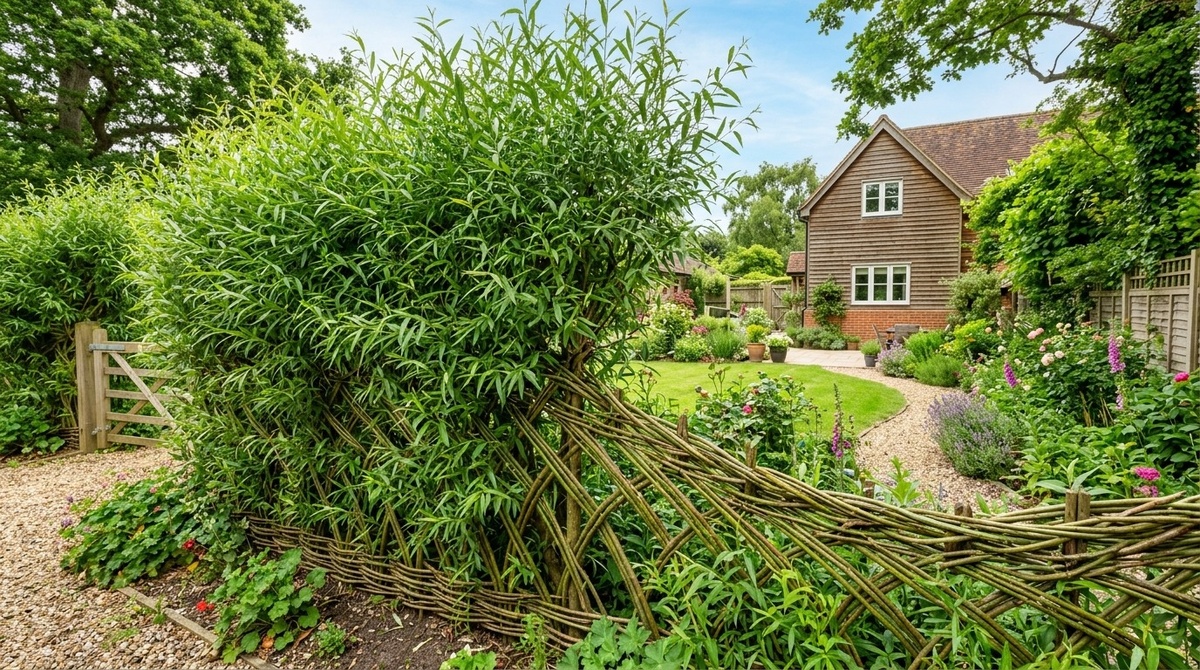 Красивая живая изгородь из ивы как альтернатива металлическому забору на дачном участке